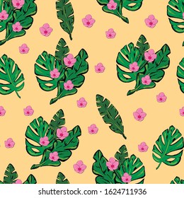 Flowers, botanical, seamless pattern on yellow background . Concept for wallpaper, wapping paper , cards 