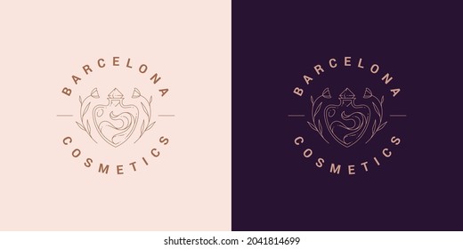 Flowers with bottle logo emblem design template vector illustration in minimal line art style. Linear glass vial silhouette for cosmetic logotype or perfume brand insignia