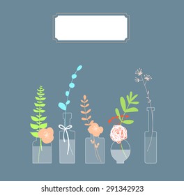 Flowers in in bottles with label.Vector illustration