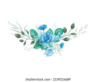 Flowers bouquet with blue roses and green leaves. Watercolor floral  arrangement and composition illustration.