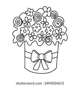 Flowers bouquet in box with bow vector coloring page