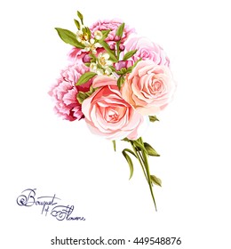 Flowers. Bouquet of carnations and roses with buds. Hand drawn flowers. Vector - stock.