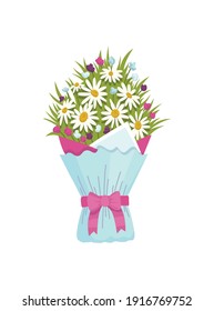 Blumenstrauß aus Kamille. Design-Element für Grußkarte oder Postkarte. Flacher Blumenvektor. Geschenk für Hochzeit oder Feiertag Konzept. Farbige Illustration einzeln auf Weiß