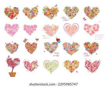 Flowers bouquet collection in heart shape for baby girl arrival greeting card, birthday greeting, mother’s day, wedding invitations, party poster, t shirt print. Part 2 of hearts huge set
