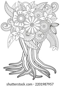 Flowers bouquet coloring book page. Isolated on white background. Doodle drawing anti-stress coloring books page for adults or children. Flat Vector Illustration