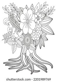 Flowers bouquet coloring book page. Isolated on white background. Doodle drawing anti-stress coloring books page for adults or children. Flat Vector Illustration