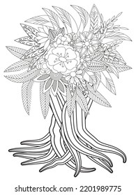 Flowers bouquet coloring book page. Isolated on white background. Doodle drawing anti-stress coloring books page for adults or children. Flat Vector Illustration
