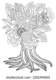 Flowers bouquet coloring book page. Isolated on white background. Doodle drawing anti-stress coloring books page for adults or children. Flat Vector Illustration