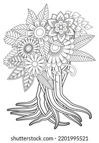 Flowers bouquet coloring book page. Isolated on white background. Doodle drawing anti-stress coloring books page for adults or children. Flat Vector Illustration