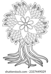 Flowers bouquet coloring book page. Isolated on white background. Doodle drawing anti-stress coloring books page for adults or children. Flat Vector Illustration