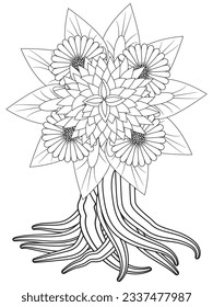 Flowers bouquet coloring book page. Isolated on white background. Doodle drawing anti-stress coloring books page for adults or children. Flat Vector Illustration