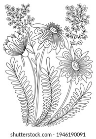 flowers bouquet coloring plant graphics vector outline illustration isolated on white background doodle sketch book page for kids and adults anti stress
