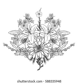 Flowers. Bouquet of different hand drawn flowers. Vintage black white and isolated, can be used as invitation, greeting card, print Vector.
