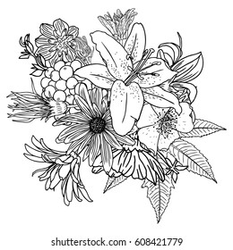 Flowers. Bouquet of different hand drawn flowers. Vintage black white and isolated, can be used as invitation, greeting card, print Vector.