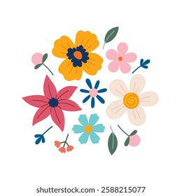 Flowers bouquet. Different flowers isolated on white. Vector illustration. Summer and spring flowers and herbs. Hand drawn lily, tulip, peony, narcissus, doodle style, flat design.