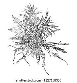 Flowers bouquet. Floral collection with various exotic jungle plants. Air plant, cactus, succulent, Bromelia, aloe vera, Houseplant, roses. For wedding and women day cards design purpose. Vector.