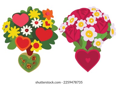 Flowers bouquet with heart made with love very colorful vector flat illustration