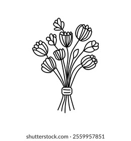 Flowers bouquet icon,Botanical lines art flower,Minimalist contour drawing of flower.Drawing of flower botany.Hand drawn sketch of flower with leave.