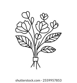 Flowers bouquet icon,Botanical lines art flower,Minimalist contour drawing of flower.Drawing of flower botany.Hand drawn sketch of flower with leave.