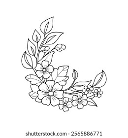 Flowers bouquet icon,Drawing of flower botany,Botanical lines art flower,Minimalist contour drawing of flower.Hand drawn sketch of flower with leaves.