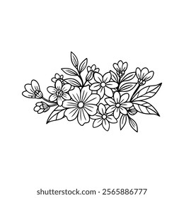 Flowers bouquet icon,Drawing of flower botany,Botanical lines art flower,Minimalist contour drawing of flower.Hand drawn sketch of flower with leaves.