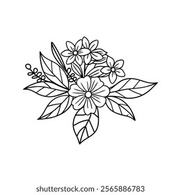 Flowers bouquet icon,Drawing of flower botany,Botanical lines art flower,Minimalist contour drawing of flower.Hand drawn sketch of flower with leaves.