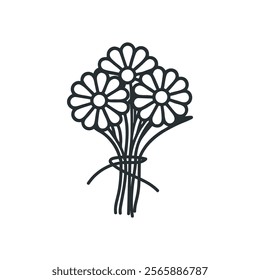 Flowers bouquet icon,Drawing of flower botany,Botanical lines art flower,Minimalist contour drawing of flower.Hand drawn sketch of flower with leaves.