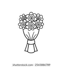 Flowers bouquet icon,Drawing of flower botany,Botanical lines art flower,Minimalist contour drawing of flower.Hand drawn sketch of flower with leaves.