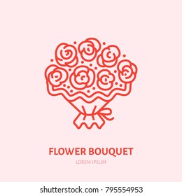 Flowers bouquet illustration. Red roses flat line icon. Valentines day present sign.