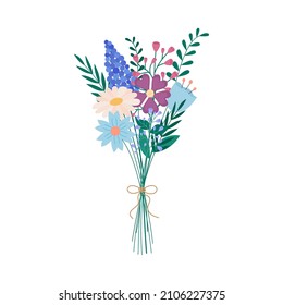 Las flores son un ramo aislado. Montón de diferentes flores de prado fresco y hojas plantas. Ilustración plana vectorial.