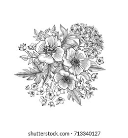 Flowers bouquet isolated. Floral greeting card background. Flowers and leaves retro engraving. 