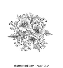 Flowers bouquet isolated. Floral greeting card background. Flowers and leaves retro engraving.