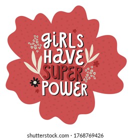 flowers bouquet, lettering girls power, vector hand drawing greeting card template illustration