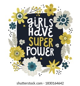 flowers bouquet, lettering girls power, vector hand drawing greeting card template