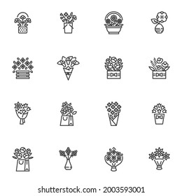 Flowers bouquet line icons set, outline vector symbol collection, linear style pictogram pack. Signs, logo illustration. Set includes icons as wedding flowers basket, tulip bouquet