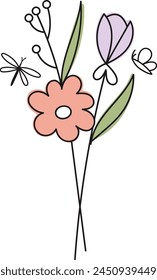 Flowers Bouquet Outline Vector Illustration