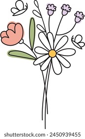 Flowers Bouquet Outline Vector Illustration