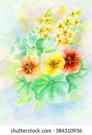 Flowers Bouquet, Polygonal Low Poly Colorful Pattern. Vector