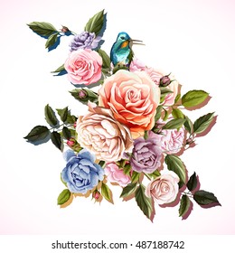 Flowers. Bouquet of roses and peony with humming bird, Watercolor. Hand drawn flowers. Vector - stock.