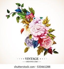 Flowers. Bouquet of roses and peony. Vintage picture, can be used as invitation, greeting card, print on clothes, etc. Hand drawn flowers. Vector - stock