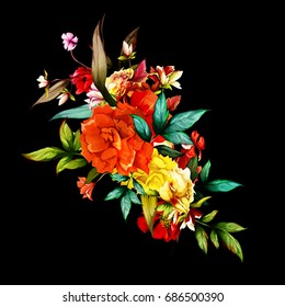 Flowers. Bouquet of roses, pomegranate buds with leaves on black. Abstract, Vintage style. Hand drawn. Vector - stock.