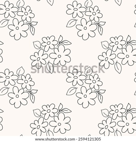Flowers bouquet seamless pattern in outline style. Han drawn spring summer flower design. Doodle line art naive flowers seamless pattern for textiles, fabric, packaging, wall art, cover 