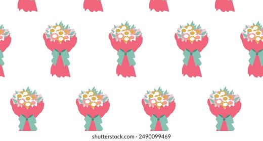 Flowers bouquet seamless pattern. Romantic floral print. Wrapping paper design for mothers day, women day, birthday and other celebration. Vector Flat Cartoon Background Illustration Botany concept.