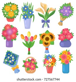 Flowers bouquet set collection flat floral garden vector illustration.