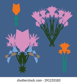 Flowers bouquet set vector illustration. Grunge geometric design template. Color elements collection.