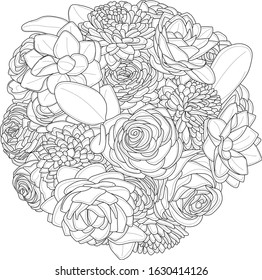 Flowers bouquet with succulents and roses sketch. Vector illustration in black and white. Coloring paper, page, book