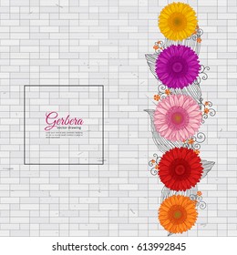 Flowers bouquet - Summer background with Gerbera. Hand drawn vector illustration.