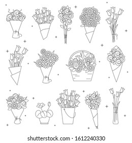 flowers and bouquet thin line icon set