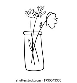 Flowers bouquet in vase doodle. Outline vector. Floral arrangement hand draw. Single element home decor isolated on white background