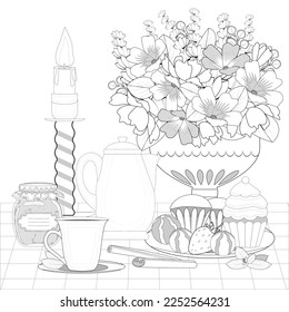 Flowers bouquet in a vase,  tea cup, cupcakes and delicious, tea pot, candle for coloring book page. Vector illusrtation